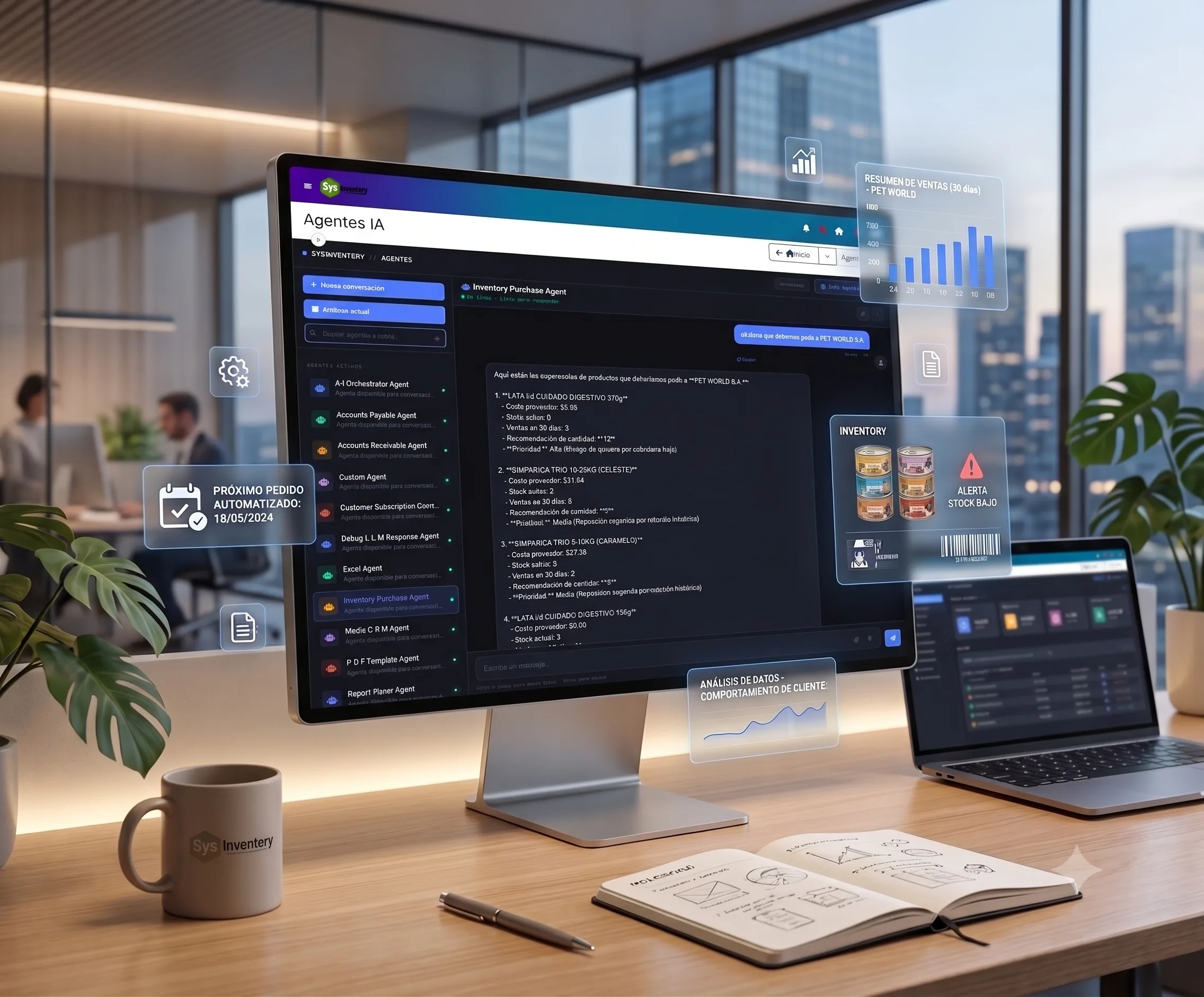Chat de agente IA consultando inventario, ventas y tareas operativas dentro de SysInventory