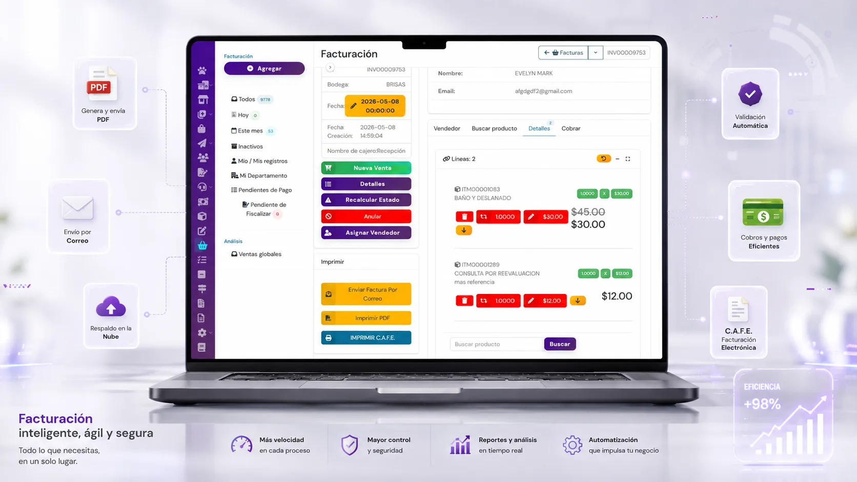 Pantalla web de facturación con líneas de productos, validación automática, envío de PDF y pagos